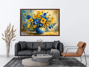 Blue and yellow floral bouquet in a modern impressionist vase painting