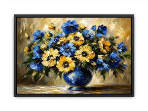 Blue and yellow impressionist floral bouquet in a deep blue vase