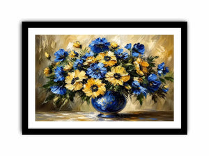 Blue and yellow impressionist floral bouquet in a deep blue vase
