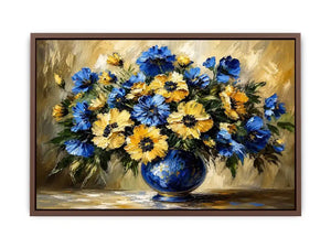 Blue and yellow impressionist floral bouquet in a deep blue vase