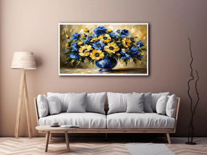 Blue and yellow impressionist floral bouquet in a deep blue vase