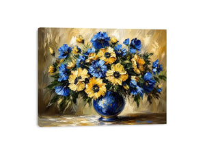 Blue and yellow impressionist floral bouquet in a deep blue vase