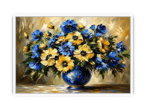 Blue and yellow impressionist floral bouquet in a deep blue vase