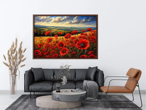 Red poppy flowers blooming across a golden countryside landscape under a dramatic sky