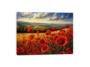 Red poppy flowers blooming across a golden countryside landscape under a dramatic sky