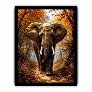 Majestic elephant walking through a misty autumn forest path in painterly style