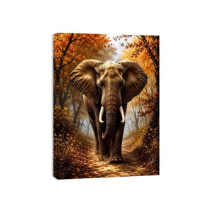 Majestic elephant walking through a misty autumn forest path in painterly style
