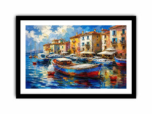 Colorful Mediterranean boats floating in a painterly coastal harbor village