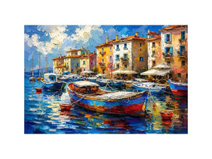 Colorful Mediterranean boats floating in a painterly coastal harbor village