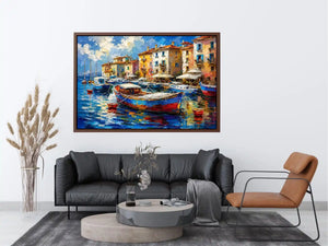 Colorful Mediterranean boats floating in a painterly coastal harbor village