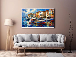 Colorful Mediterranean boats floating in a painterly coastal harbor village
