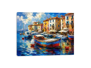 Colorful Mediterranean boats floating in a painterly coastal harbor village