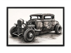 Vintage hot rod coupe pencil drawing black and white industrial muscle car wall art with exposed engine and retro rat rod styling