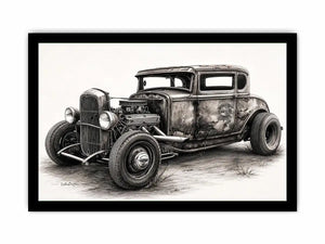 Vintage hot rod coupe pencil drawing black and white industrial muscle car wall art with exposed engine and retro rat rod styling
