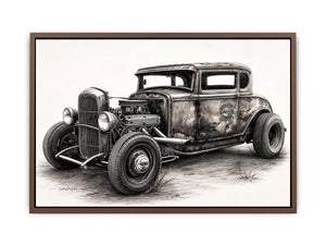 Vintage hot rod coupe pencil drawing black and white industrial muscle car wall art with exposed engine and retro rat rod styling