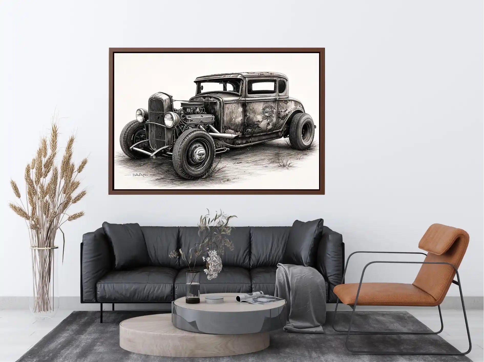 Vintage hot rod coupe pencil drawing black and white industrial muscle car wall art with exposed engine and retro rat rod styling