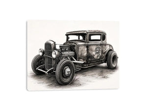 Vintage hot rod coupe pencil drawing black and white industrial muscle car wall art with exposed engine and retro rat rod styling