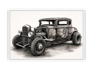Vintage hot rod coupe pencil drawing black and white industrial muscle car wall art with exposed engine and retro rat rod styling