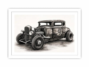 Vintage hot rod coupe pencil drawing black and white industrial muscle car wall art with exposed engine and retro rat rod styling