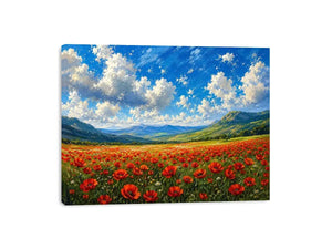 red poppy field landscape painting with blue sky clouds and rolling green hills floral wall art canvas