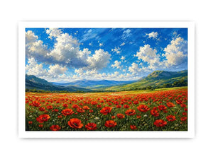 red poppy field landscape painting with blue sky clouds and rolling green hills floral wall art canvas