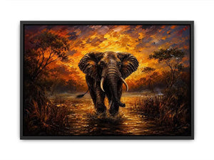 Majestic elephant wildlife painting with golden sunset landscape and dramatic safari scenery wall art canvas