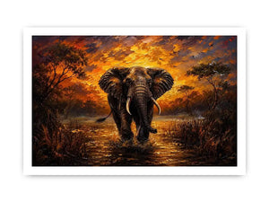 Majestic elephant wildlife painting with golden sunset landscape and dramatic safari scenery wall art canvas