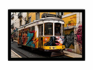 Colorful graffiti tram street art wall canvas with urban cityscape and vintage streetcar photography style