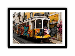 Colorful graffiti tram street art wall canvas with urban cityscape and vintage streetcar photography style