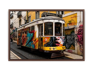Colorful graffiti tram street art wall canvas with urban cityscape and vintage streetcar photography style