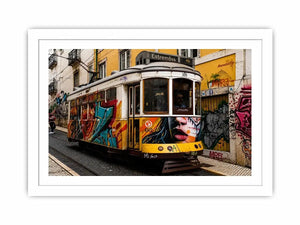 Colorful graffiti tram street art wall canvas with urban cityscape and vintage streetcar photography style