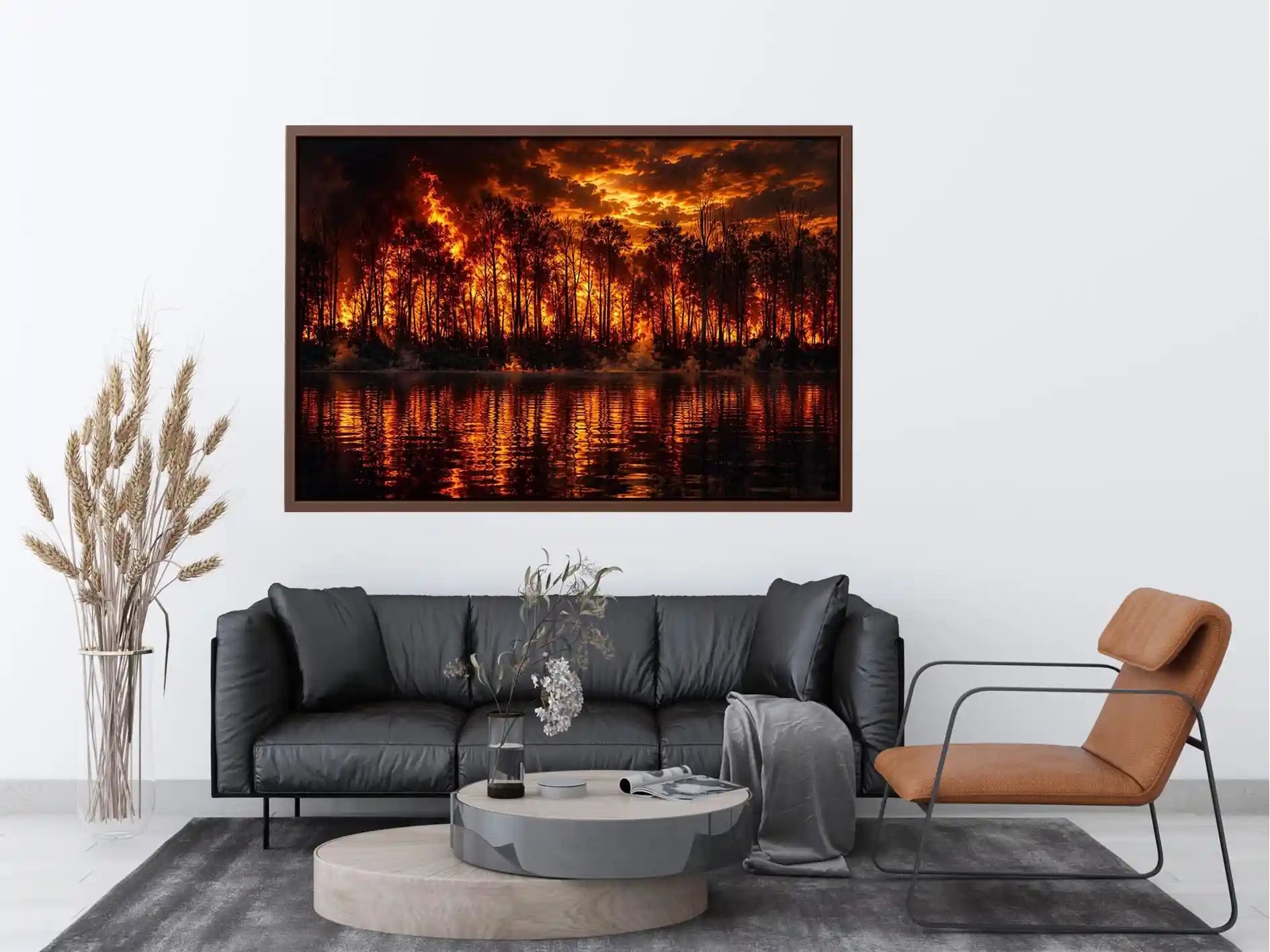 Dramatic wildfire forest landscape with blazing flames reflected on water wall art canvas