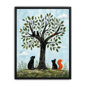Minimalist illustration of animals under a tree with cats, dog, squirrel and bird in soft tones