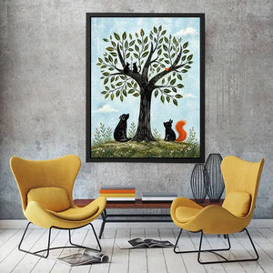 Minimalist illustration of animals under a tree with cats, dog, squirrel and bird in soft tones