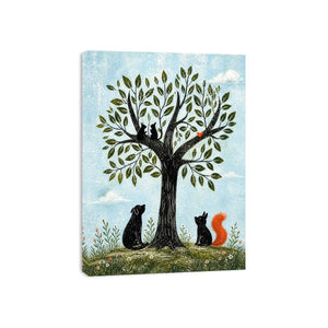 Minimalist illustration of animals under a tree with cats, dog, squirrel and bird in soft tones