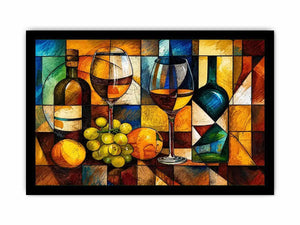 Abstract wine bottle and glass still life painting with geometric cubist style luxury wall art canvas