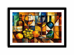 Abstract wine bottle and glass still life painting with geometric cubist style luxury wall art canvas