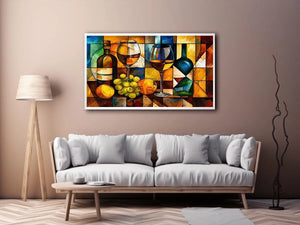 Abstract wine bottle and glass still life painting with geometric cubist style luxury wall art canvas