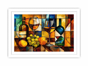 Abstract wine bottle and glass still life painting with geometric cubist style luxury wall art canvas