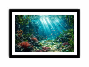Underwater coral reef ocean landscape with sunlight rays and tropical sea life wall art canvas