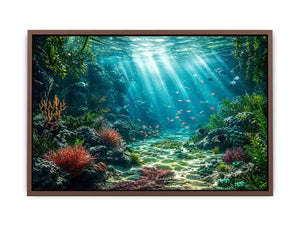 Underwater coral reef ocean landscape with sunlight rays and tropical sea life wall art canvas