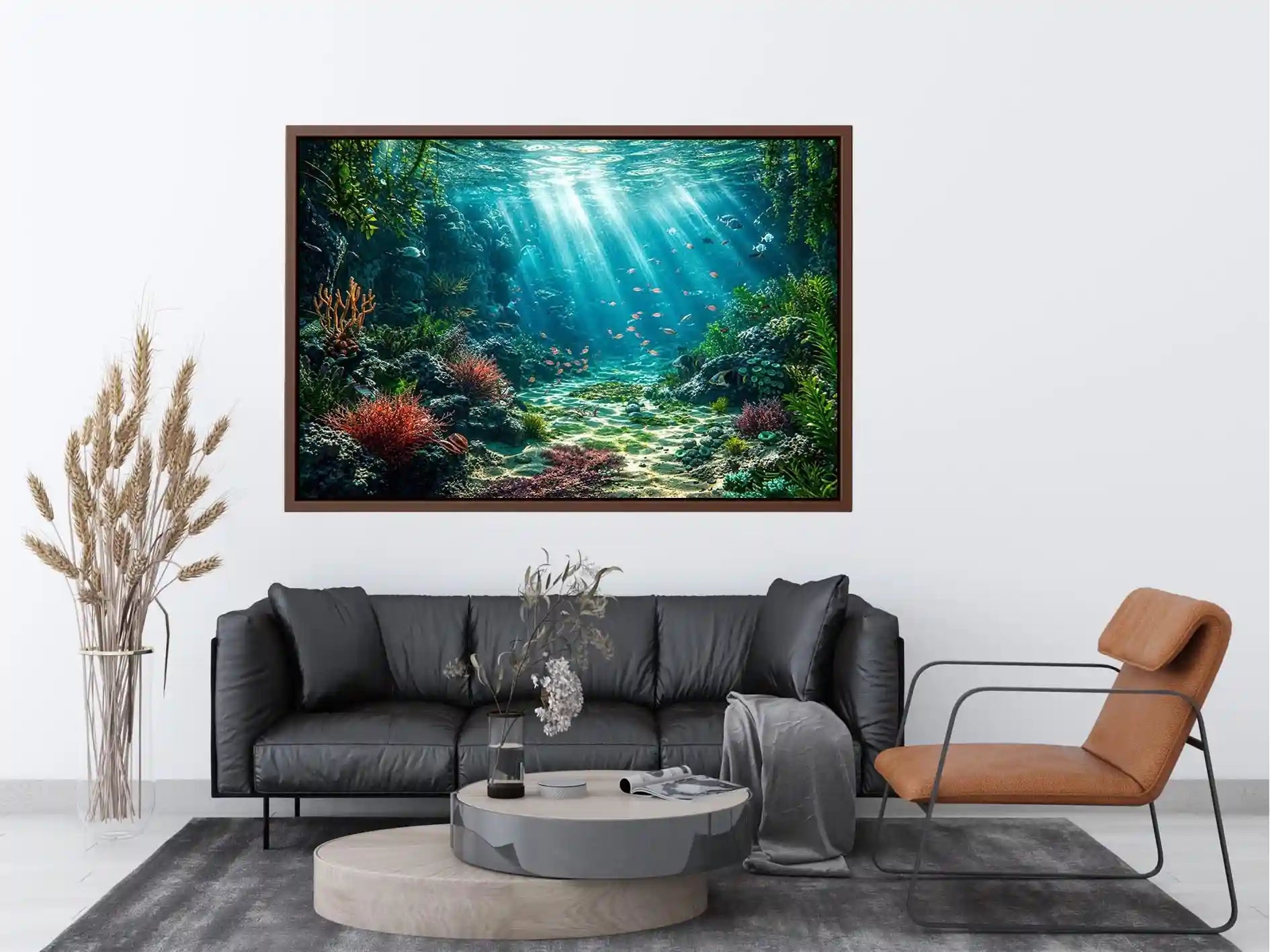 Underwater coral reef ocean landscape with sunlight rays and tropical sea life wall art canvas