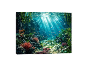 Underwater coral reef ocean landscape with sunlight rays and tropical sea life wall art canvas