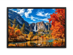 Autumn mountain waterfall landscape with vibrant orange trees and river reflection wall art canvas