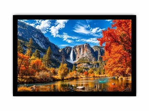 Autumn mountain waterfall landscape with vibrant orange trees and river reflection wall art canvas