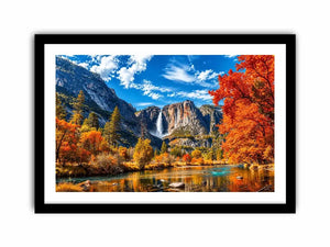 Autumn mountain waterfall landscape with vibrant orange trees and river reflection wall art canvas