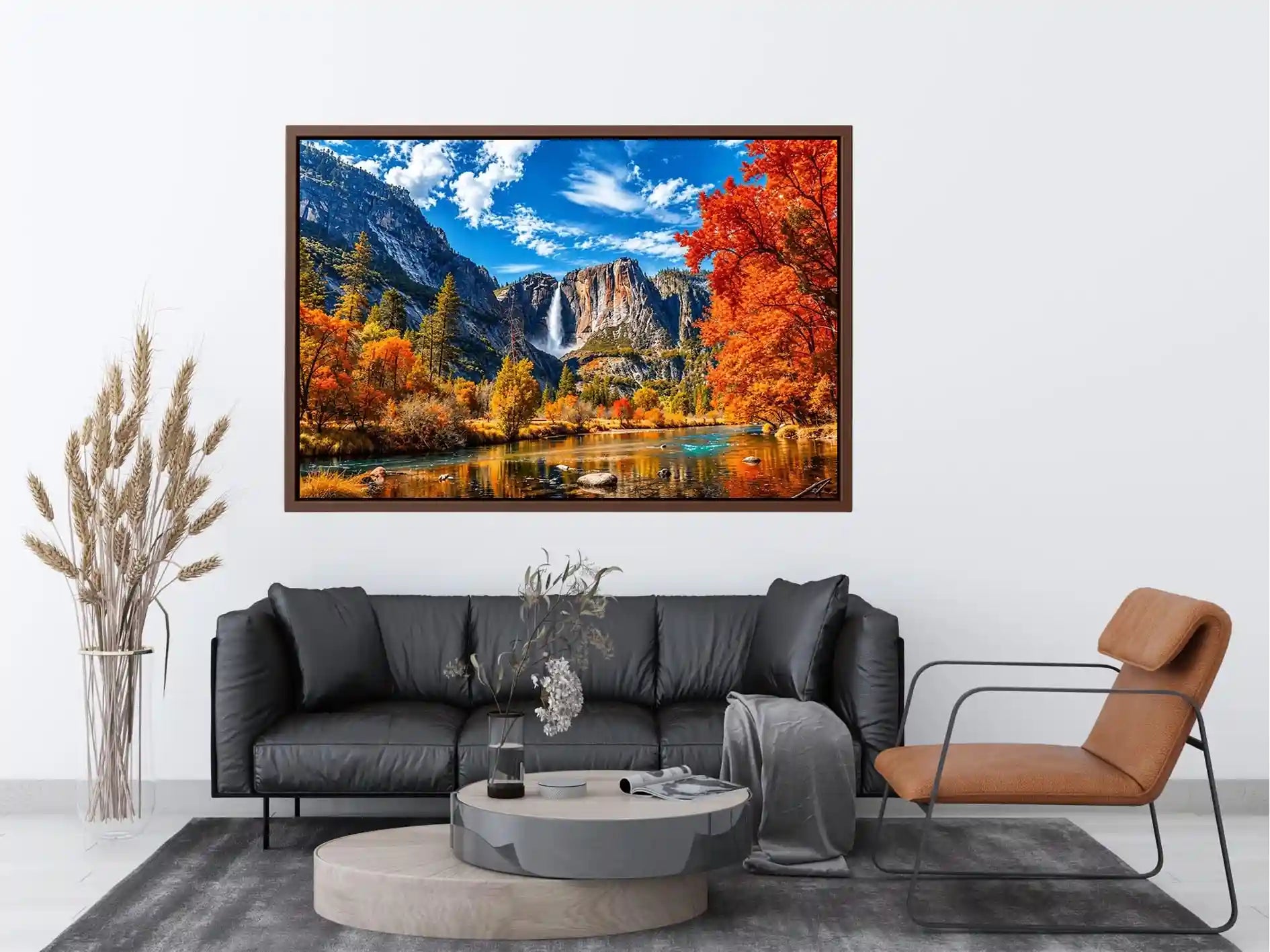 Autumn mountain waterfall landscape with vibrant orange trees and river reflection wall art canvas