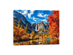 Autumn mountain waterfall landscape with vibrant orange trees and river reflection wall art canvas