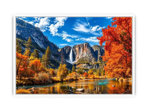 Autumn mountain waterfall landscape with vibrant orange trees and river reflection wall art canvas