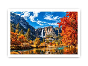Autumn mountain waterfall landscape with vibrant orange trees and river reflection wall art canvas